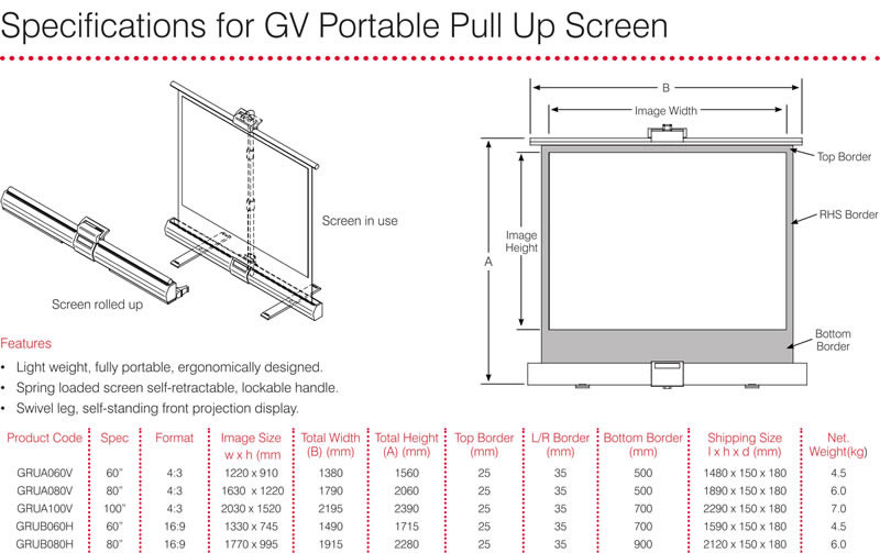 Grandview Pull Up Screen Specifications