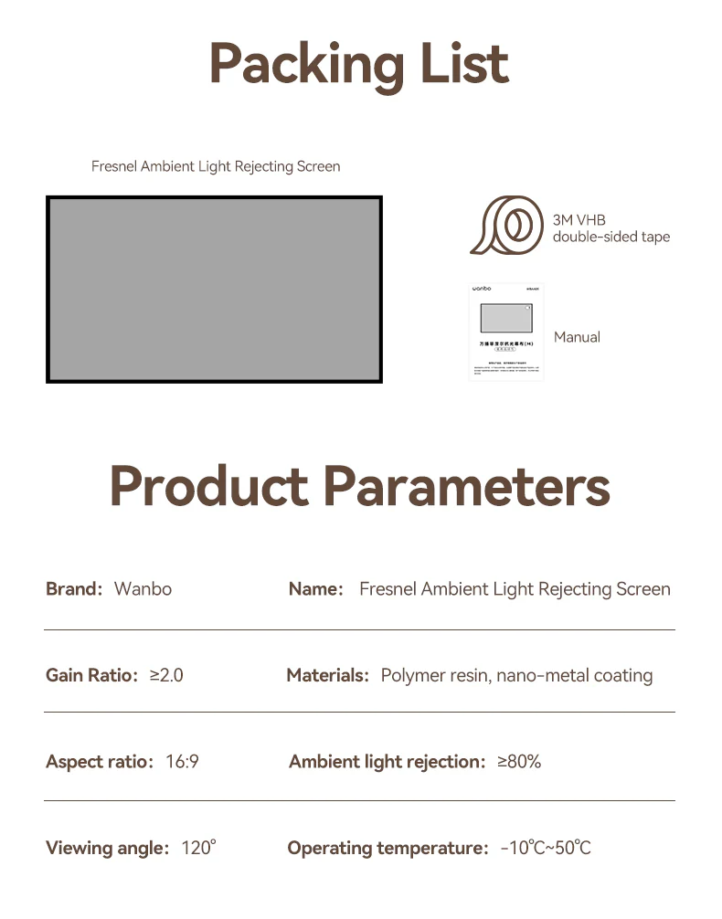 Wanbo Fresnel ALR Screen Specifications