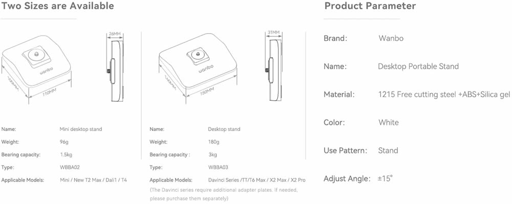 Wanbo Tilt Desktop Stand specifications