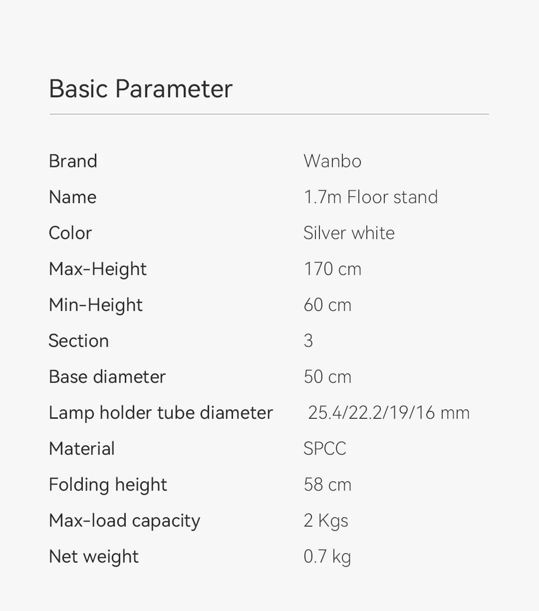 Wanbo Tripod Stand specifications